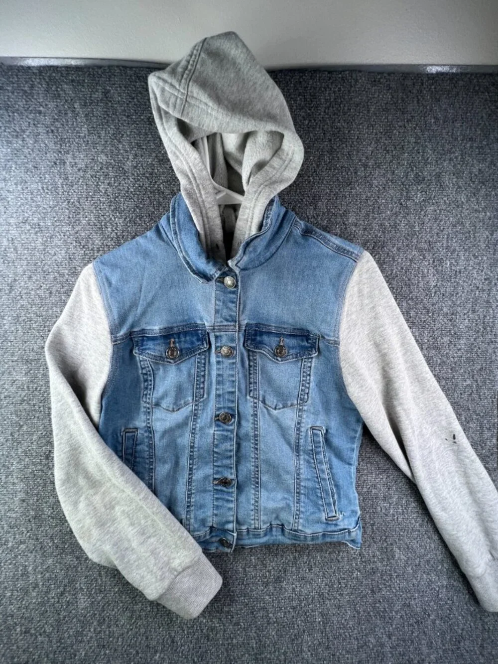 Wax Jean Denim Jacket Blue Gray Girls Large Stretch Buttons Long Sleeve Hooded